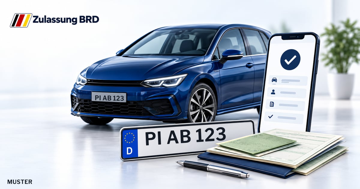 Online Fahrzeugzulassung in Pinneberg: Musterkennzeichen PI AB 123, Auto und Fahrzeugpapiere und Smartphone. Illustration mit Logo von Zulassung BRD.